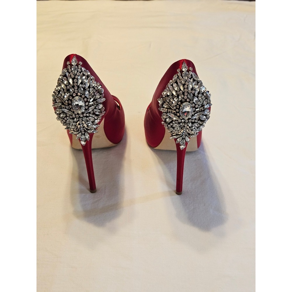 Badgley Mischka Red Satin Peep Toe Heels Embellished Evening Shoes 7M - Picture 4 of 6